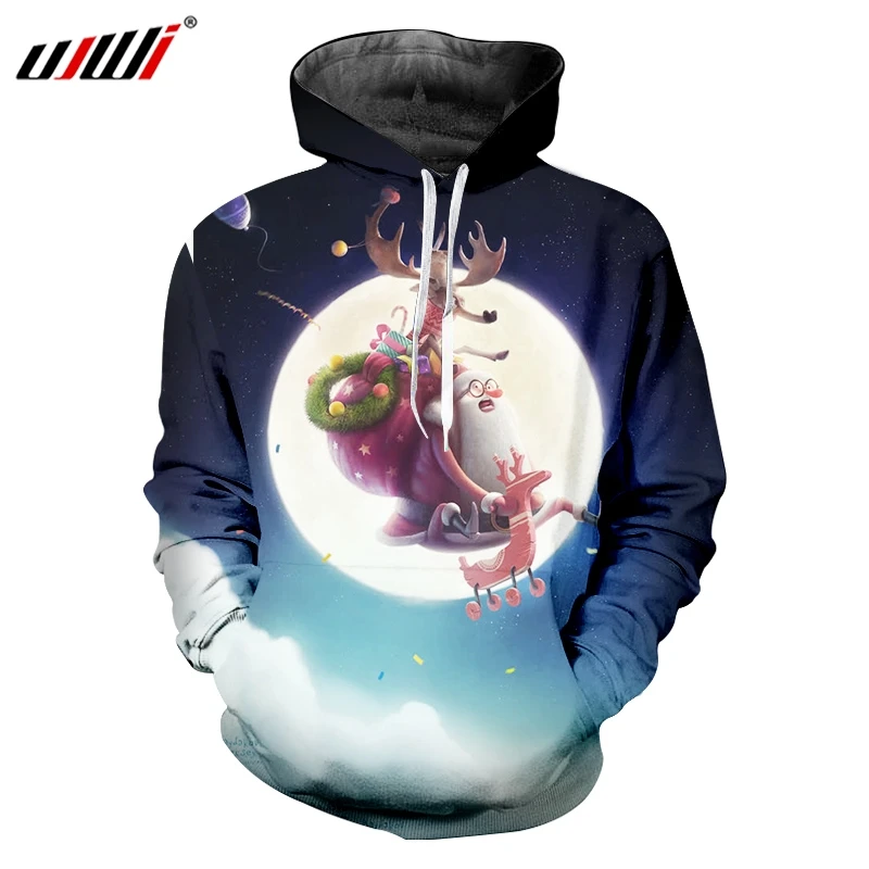 

UJWI Men's Christmas Moon Pattern 3D Printed Lovely Hoodied Santa Claus And Elk Clothing Man Casual Trend Pullover