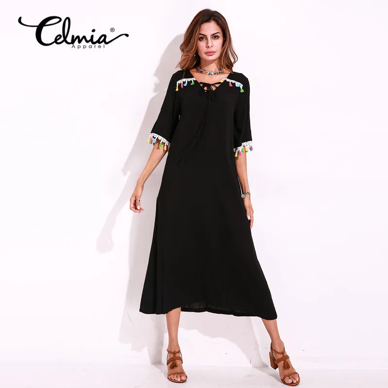2017 Boho Women Long Maxi Dress Plain Shift Dresses Short Sleeve Baggy Tassel Summer Beach Sundress Kaftan Plus Size 5XL Vestido womens-long-maxi-dresses : image 2017 Boho Women Long Maxi Dress Plain Shift Dresses Short Sleeve Baggy Tassel Summer Beach Sundress Kaftan Plus Size 5XL Vestido womens-long-maxi-dresses