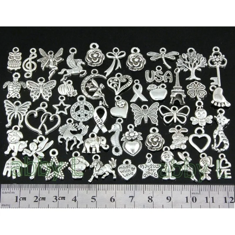 

100 шт./лот 50 стилей смешанный Винтажный серебряный цвет бабочка сердце цветок ЛОШАДЬ Ангел сова брелок Подвески бусины ювелирные изделия DIY YY38