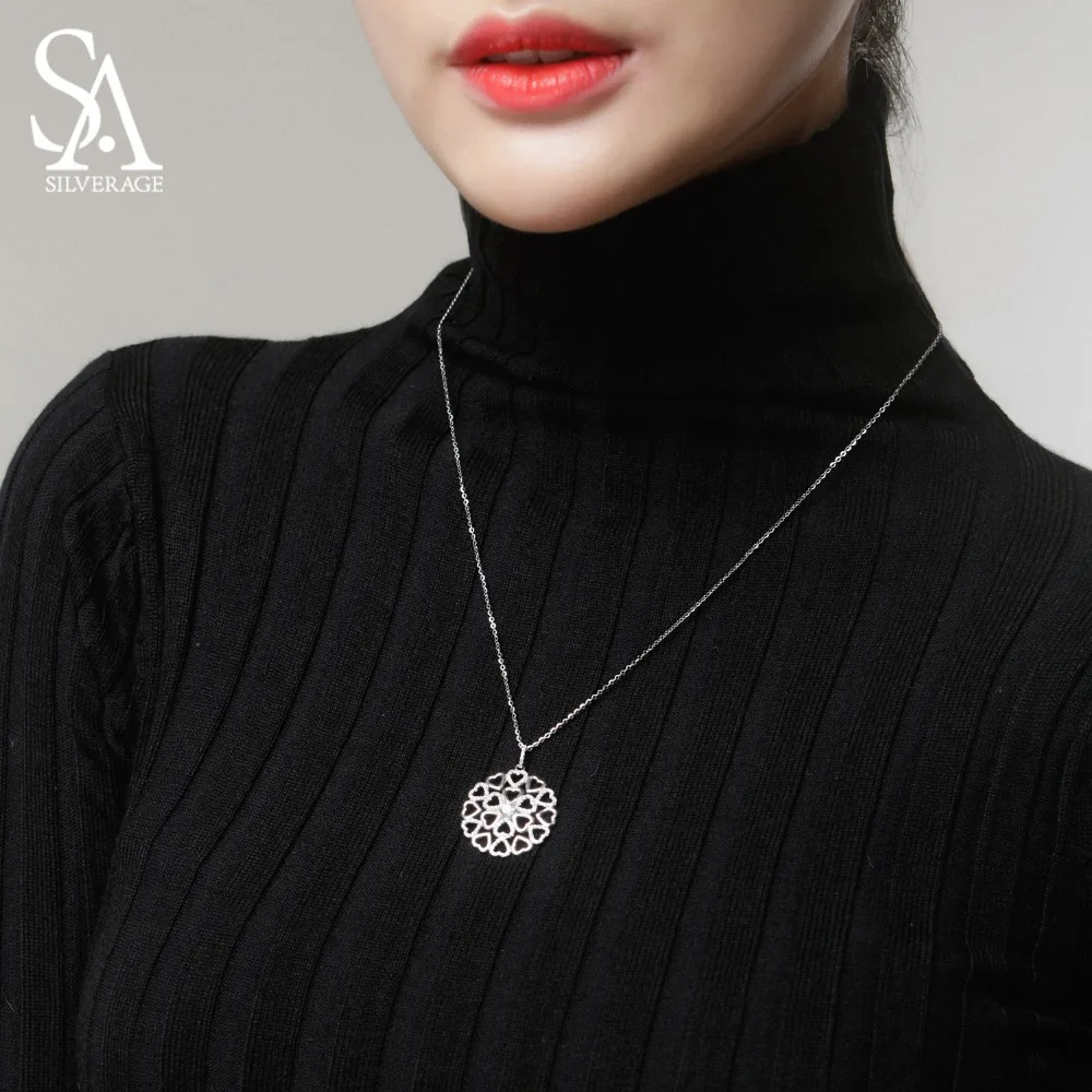 SA SILVERAGE Real 925 Sterling Silver Heart Pendant Sweater Chain Necklace Circle Zirconia Long | Украшения и аксессуары