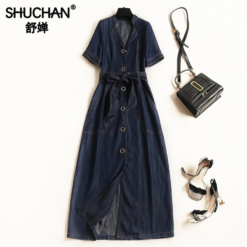 

Shuchan Designer Women Dresses 2019 High Quality Office Lady Straight Sashes Denim Long Maxi Dress for Women Short Sleeve 51302
