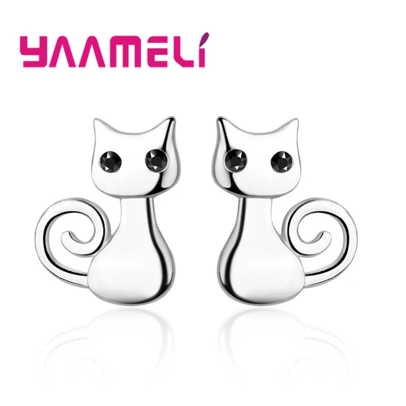

Cute Hot Sale Animal Cat Design Sparking Black Eye 925 Sterling Silver Stud Earring loverly Girl Woman Best Banquet Accessories