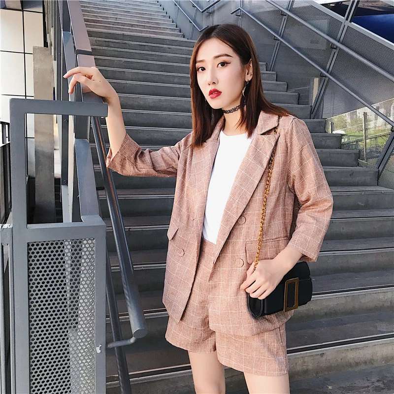 Hzirip Women Autumn Office Suit Sets Vintage Plaid Suit Short Pants Blazer Double Breasted Jacket&Trouser Work Lady 2 Pieces set Hzirip Women Autumn Office Suit Sets Vintage Plaid Suit Short Pants Blazer Double Breasted Jacket&Trouser Work Lady 2 Pieces set