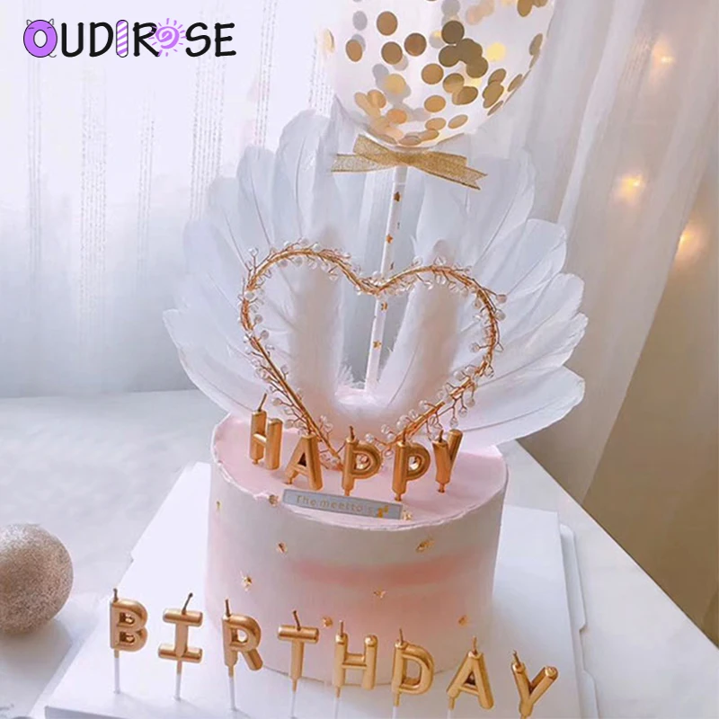 

OUDIROSE Angel Feather Wings Heart Cake Topper for Wedding Birthday Party Baking Dessert Valentine's Day Cake Top Decorations