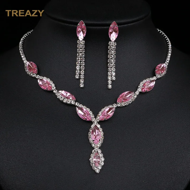 

Fashion Leaf Tassel Wedding Jewelry Sets Charm Pink Crystal Choker Necklace Earrings Set Bridal Jewelry Sets Women Accessories