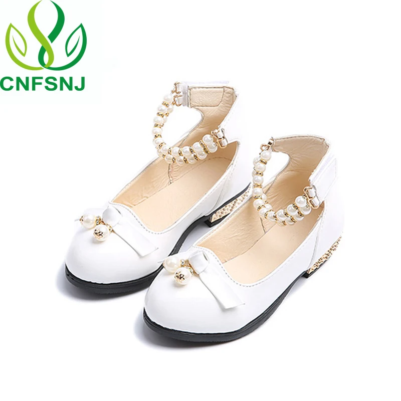 

CNFSNJ PU Patent Leather Girls Shoes Party Show Wedding Shoes Big Kids Shoes Ankle Strap Pearl Beading Pendant Princess Shoes