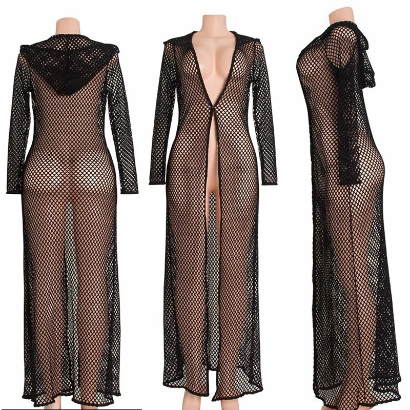 2018 Beach Cover Up Sexy Mesh Cardigan Long Sleeve Hollow Hooded (1)