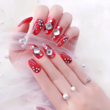 

24pcs/set 3D Big Rhinestone Finished False Nails Bride Wedding Red Color Nails Tips DIY Fashion Artificial Nail With Glue