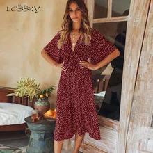 Lossky Dress Women Polka Dot Print Bow-kot summer V Neck Half Sleeve Midi Dress Casual Long Red Loose Pullover Dress High Waist Lossky Dress Women Polka Dot Print Bow-kot summer V Neck Half Sleeve Midi Dress Casual Long Red Loose Pullover Dress High Waist