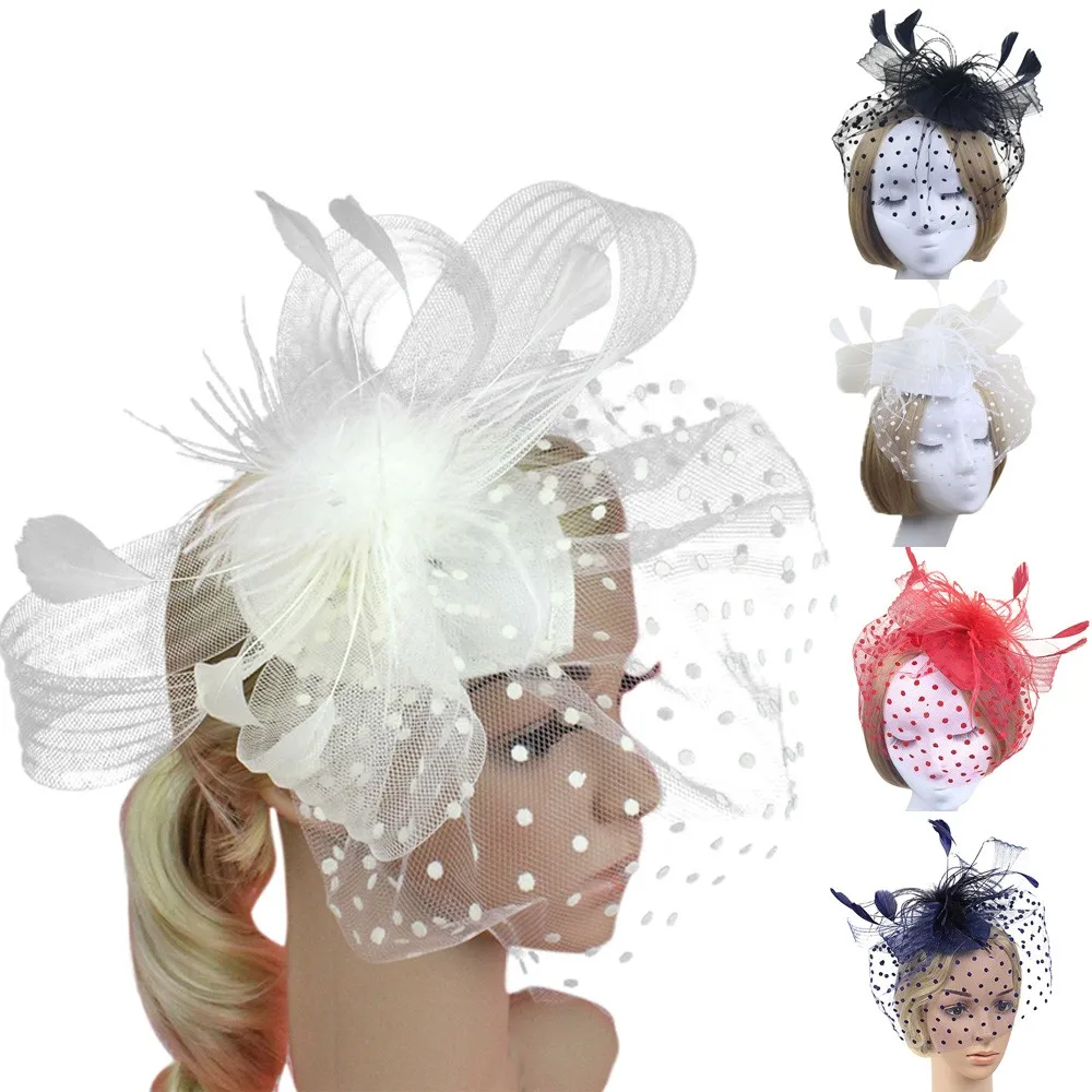 

Lady Feather Fascinator Cocktail Hat Hairpins for Wedding Party Clip French Mesh Veil Hair Band Hair Accessories hat