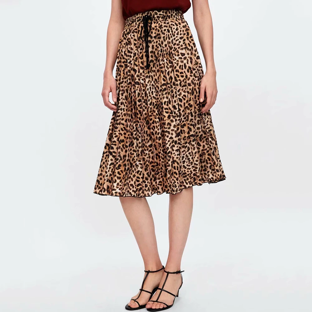 Women Skirt Summer Autumn New Leopard Pleated Skirt Knee-length Lace Up Clothing For Female Fashion Summer Midi Skirt Womens