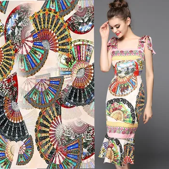 

Telas pink Fan printed dress japan style Cheongsam silk fabric quality 97% silk 3% stretch tissus au metre tecido 19MM