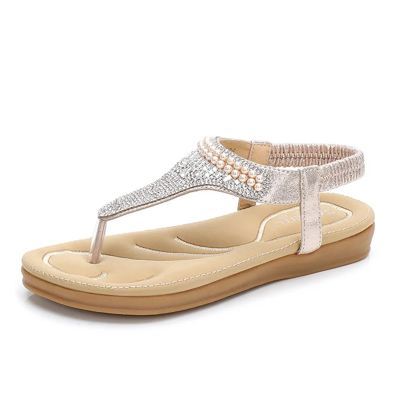 

Woman Bohemia Pearl Sandals Flat Luxury Crystal Rhinestone Sandal Beach Comfortable Elastic Band Rhinestones Sandal Shoes Summer