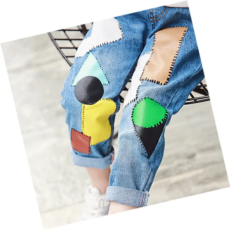 1 Baby Boys Jeans Kid Painted Pants Girls Denim Trousers Geometrical Color Block Patchwork Cotton Elastic Waist Baby Clothing