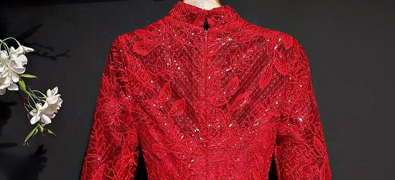 VENSANAC Vintage High Neck Red Embroidery A Line Sequined Long Evening Dresses 2018 Lace Long Sleeve Party Prom Gowns