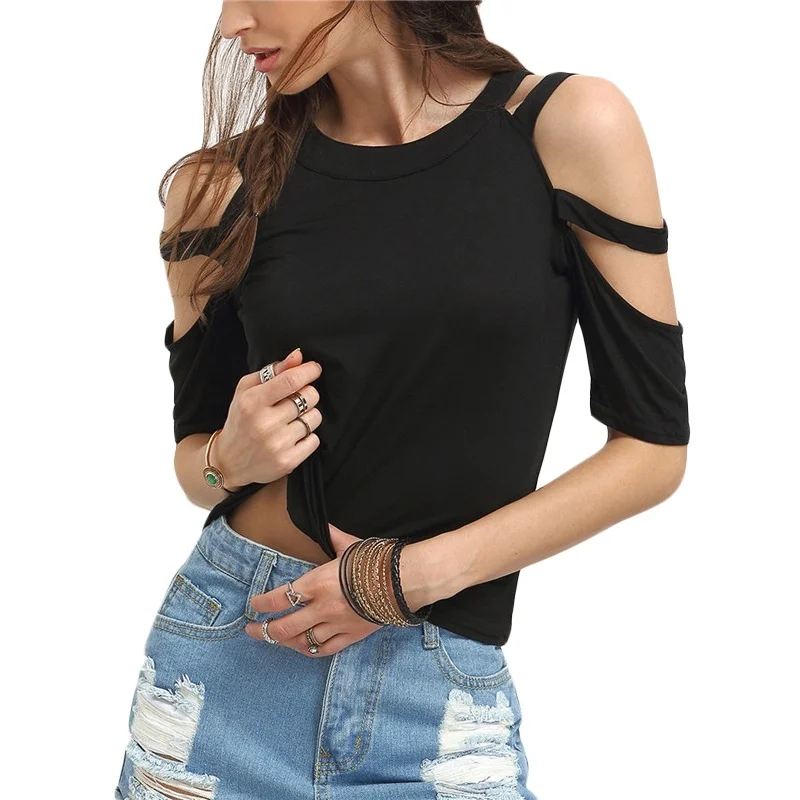 2016 Горячие Продажа Летняя Мода Твердые Выдалбливают О Шеи Женские Футболки Sexy