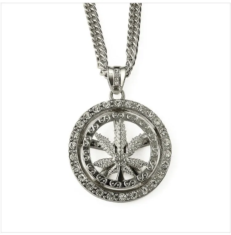 New! High Quality Hemp Leaf Can Rotate Pendant Necklace Fashion HipHop Ci TY Boy Accessories Silver 90cm Long Chain Men Jewelry