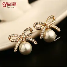 Новинка года, Изысканные жемчужные серьги для женщин, женская металлическая под золото, с бантом, женские серьги против аллергии, золото