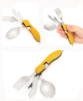 

60 pcs Multi-function Tableware Stainless Steel Cutlery 4 in 1 Folding Spoon Fork Knife Bottle Opener