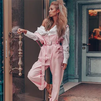 

Hot selling women pink Jumpsuits sashes casual style harem Rompers 2019 autumn new fashion long trousers female gx1245
