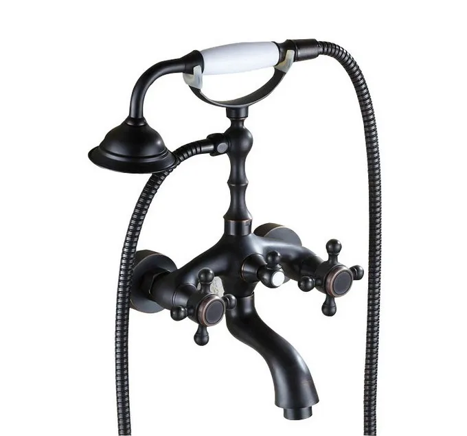 

Oil Rubbed Bronze Dual Cross Handles Rain Bathroom Shower Tub Faucet Set + Telephone Style Hand Shower atf041