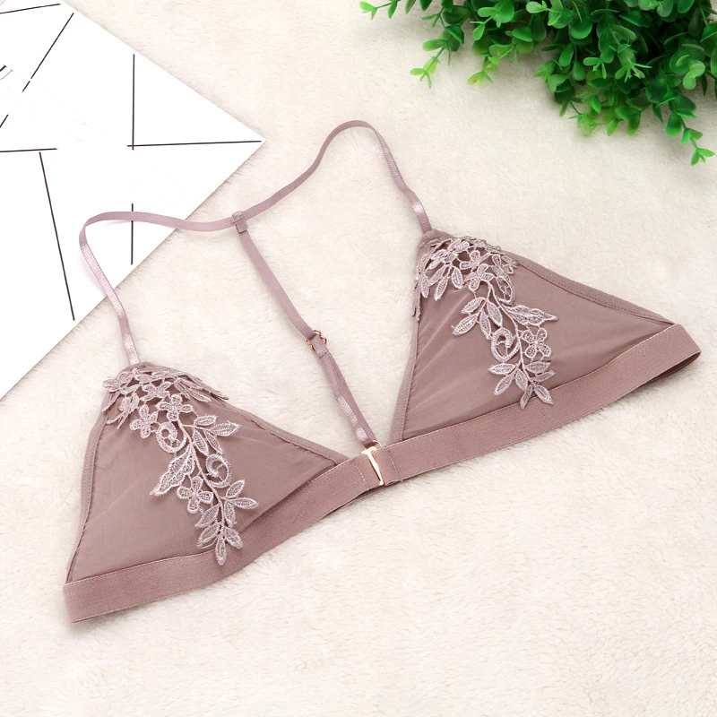 BEFORW Ultra-thin Sexy Women Bralette Wire Free T Back Embroidered Floral Bra Transparent Front Closure Women Bra Sexy Lingerie