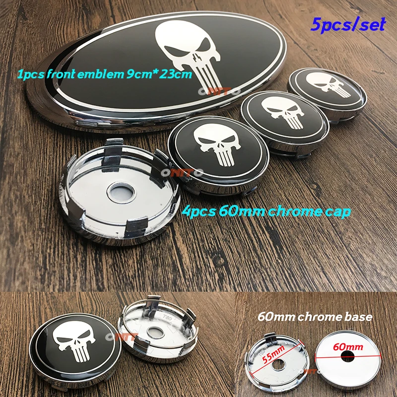 

Punisher Auto Decoration 5pcs/set 23CM 90MM front emblem badge Hood Bonnet 60MM 2.36INCH Dust-proof Wheel Center Cap