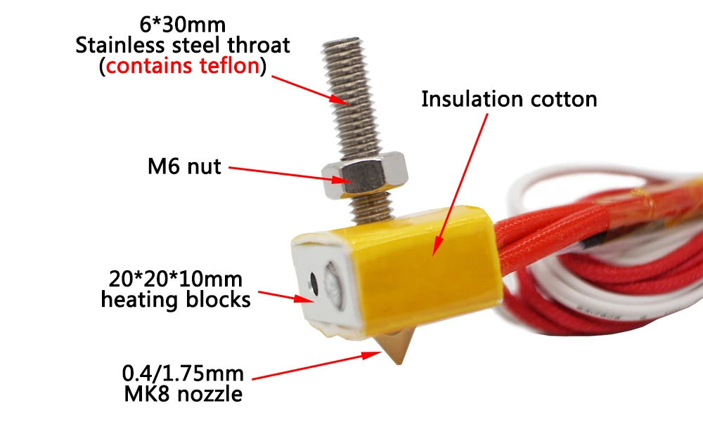 Детали для 3d принтера MK8 экструдер печатающая головка 1,75/0,4 мм сопло алюминиевый тепловой блок 12 В/24 В MK8 hotend