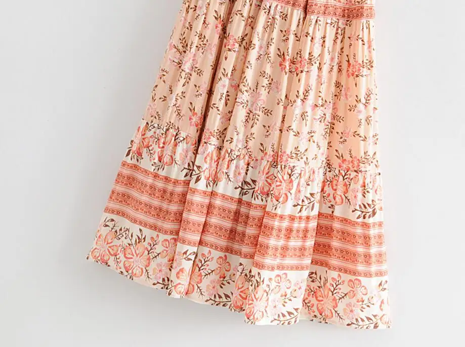 BOHO розовое платье с цветочным принтом в виде вишни Этнические женские однобортные платья на пуговицах с регулируемой шнуровкой на талии