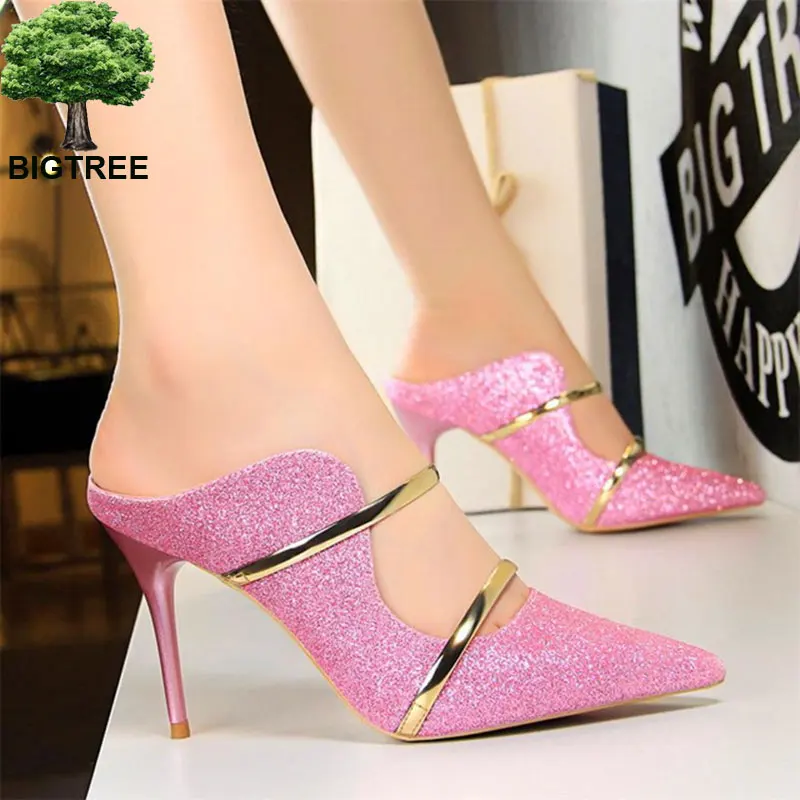 

BIGTREE Gold Double Word Band Outdoor Slippers Women's Sequined Cloth Pointed Toe Shallow High Heels Shoes Women Show Thin