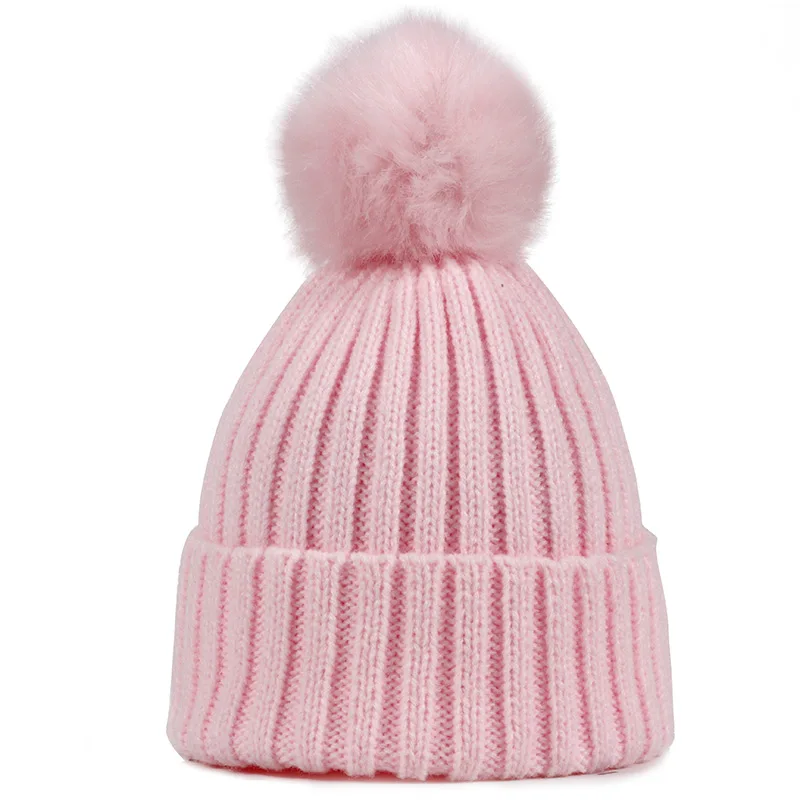 Новые Хлопковые вязаные шапки для маленьких мальчиков и девочек, мягкие зимние уличные теплые шапки с помпонами из искусственного меха, милые популярные Лыжные шапки - Цвет: Pink