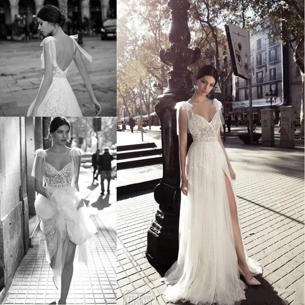2018 New Designed A Line Wedding Dresses Sheer Tulle V Neck with Side Split Floor Length Lace Tulle Backless Bridal Gowns