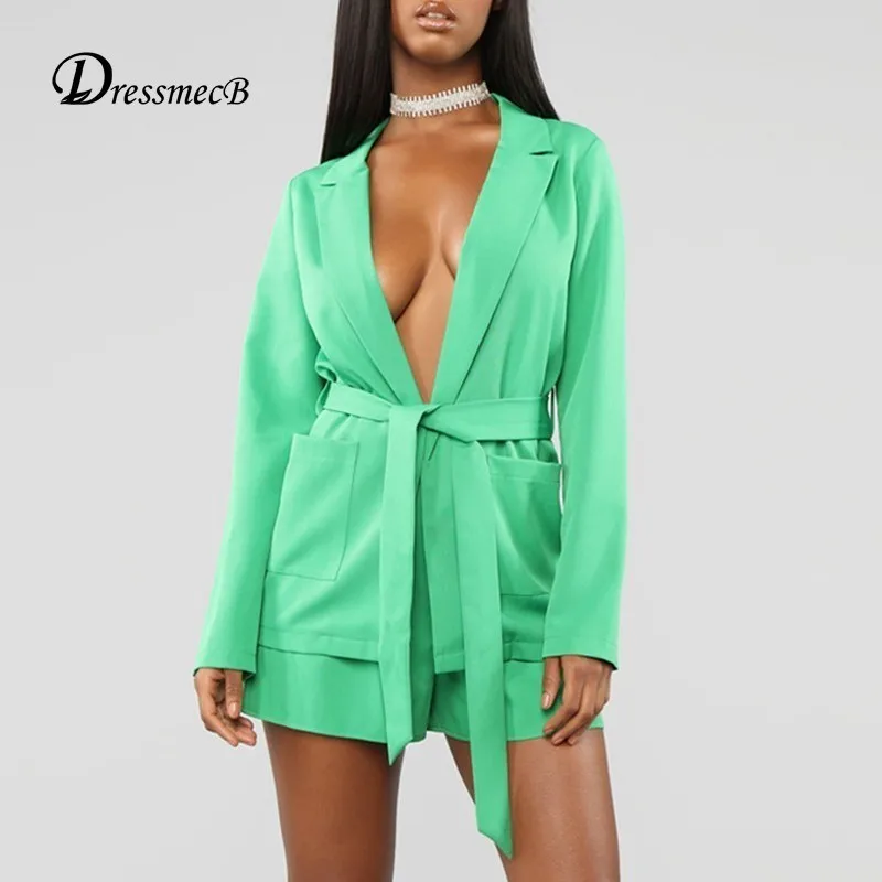 

DRESSMECB Women Green Two Piece Sets Sexy Sashes Long Sleeve Office Top And Shorts 2 Piece Suits Women Elegant Formal Set