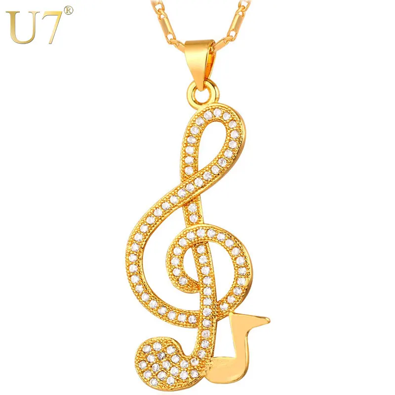 

U7 Music Note Necklaces & Pendants Trendy Cubic Zirconia Crystal Gold Color Luxury Musical Jewelry For Women Gift P674