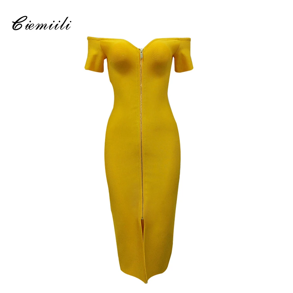

CIEMIILI 2018 Summer Women Sexy Off Shoulder Strapless Bandage Dress Elegant Front Zipper Split Evening Party Short Sleeve Dress