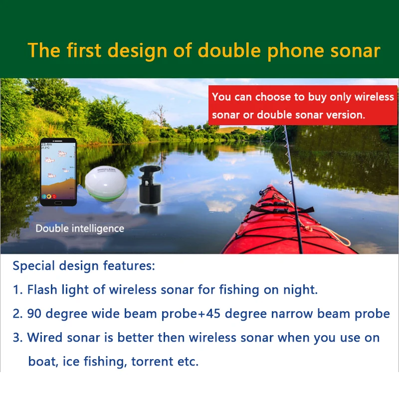  Portable Double Sonar Fish Finder Bluetooth Wireless Depth Sea Lake Fish Detect Echo Sounder Sener 