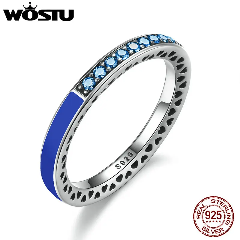 

WOSTU Authentic 925 Sterling Silver Radiant Hearts Princess Blue Enamel Engagement Ring For Women Fine Jewelry Gift FB7621