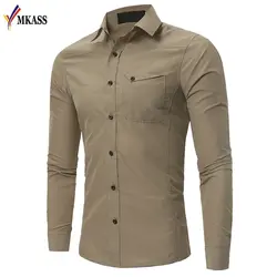 Mkass Для мужчин рубашка однотонная хлопковая Рубашки домашние муж. одежда с длинным рукавом карман Hombre одежда 2018 Для мужчин S Slim Fit модного