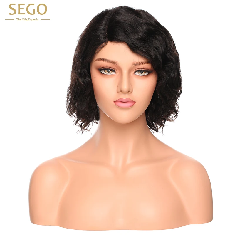 SEGO Fashion Wave Curly L Part Lace Wigs For Women Glueless Lace Human Hair Wigs Black Short 100% Brazilian Virgin Remy Hair