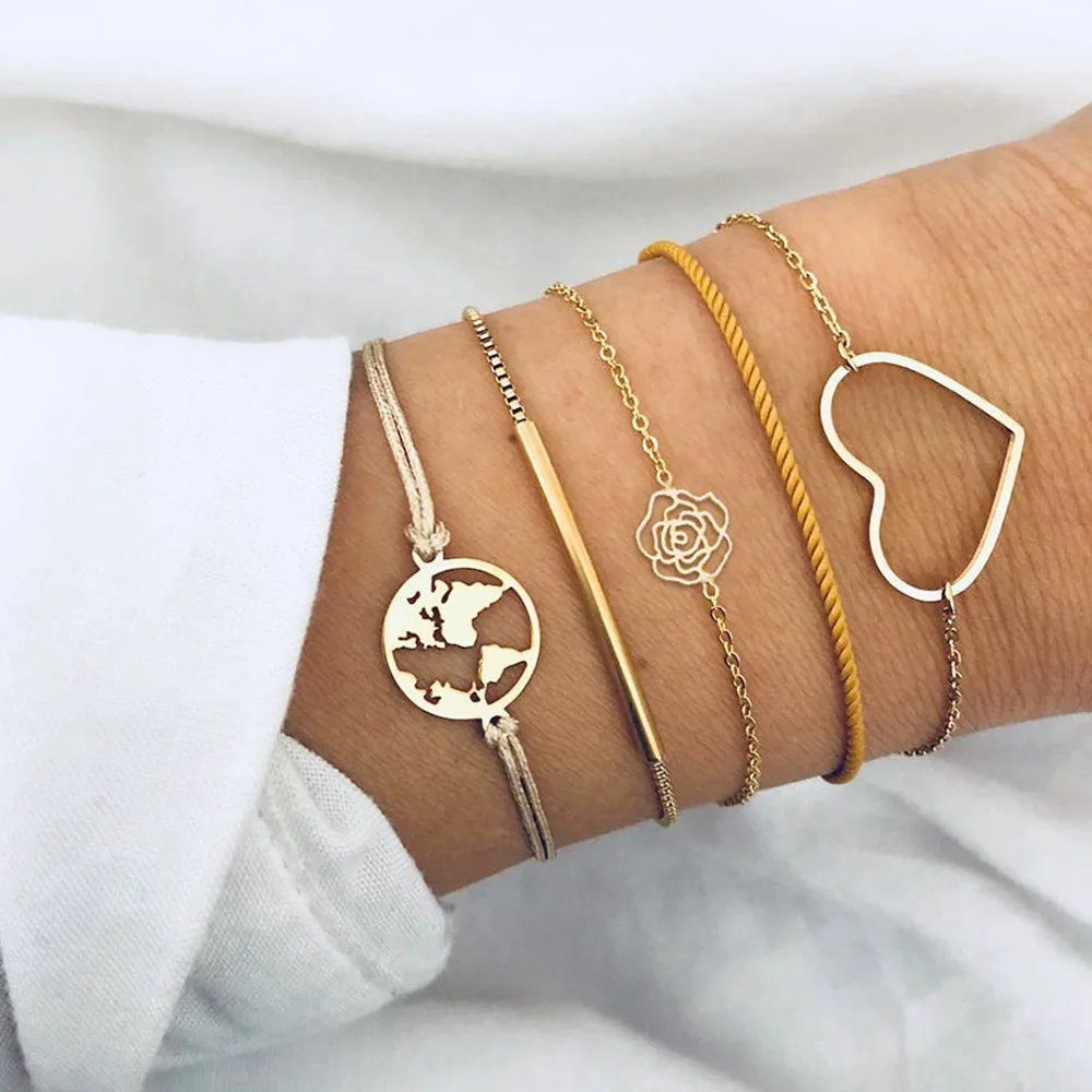 

IFMIA Fashion Hollow Heart Rose Flower World Map Bright Yellow Rope Bracelet Women 5 Pcs/Set Gold Chain Bracelets New Jewelry