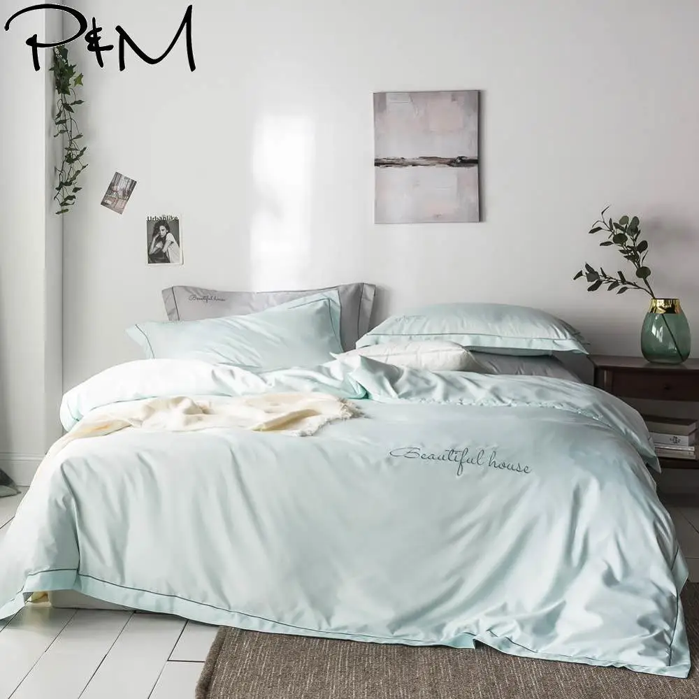 

2019 Fresh Light Mint Color Embroidery Queen King Size Flat Sheet Artificial Silk Duvet Cover Set Satin Bedding Set