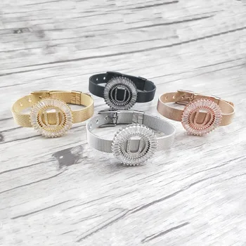 

4 Pieces Copper mirco pave cz zircon letter U Pendants,Chic circle charms big initials Strap bracelet jewelry For women BG206