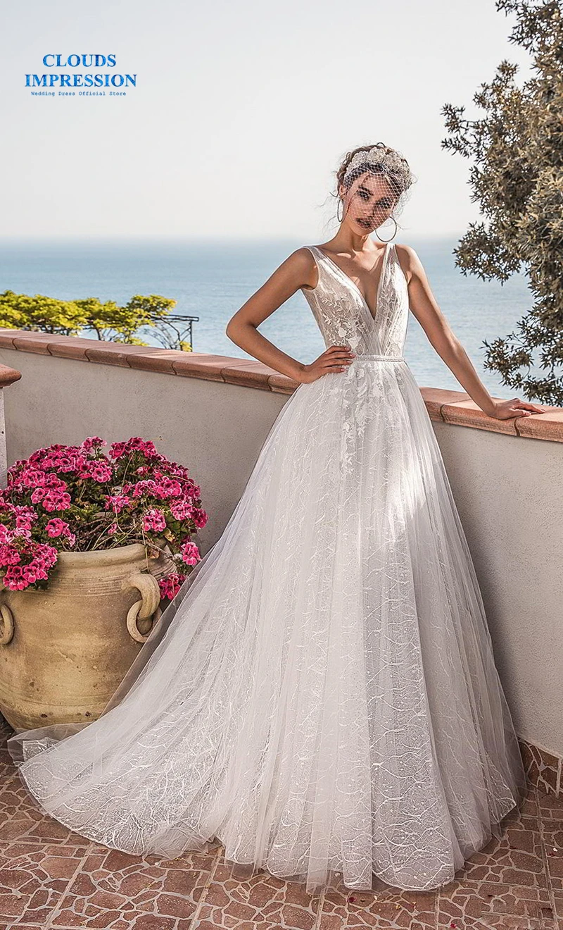 Clouds Impression A Line Wedding Dress 2019 Sexy Deep V Neck Open