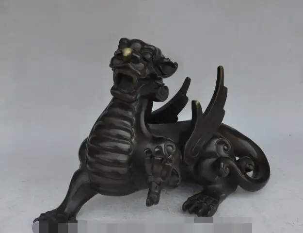 

S3021 17"old chinese fengshui bronze animal Brave troops dragon head wing beast statue