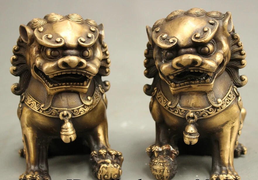 

JP S0606 Chinese Fengshui Bronze Ball Exorcise Evil Spirits Foo Fu Dog Lion Statue Pair