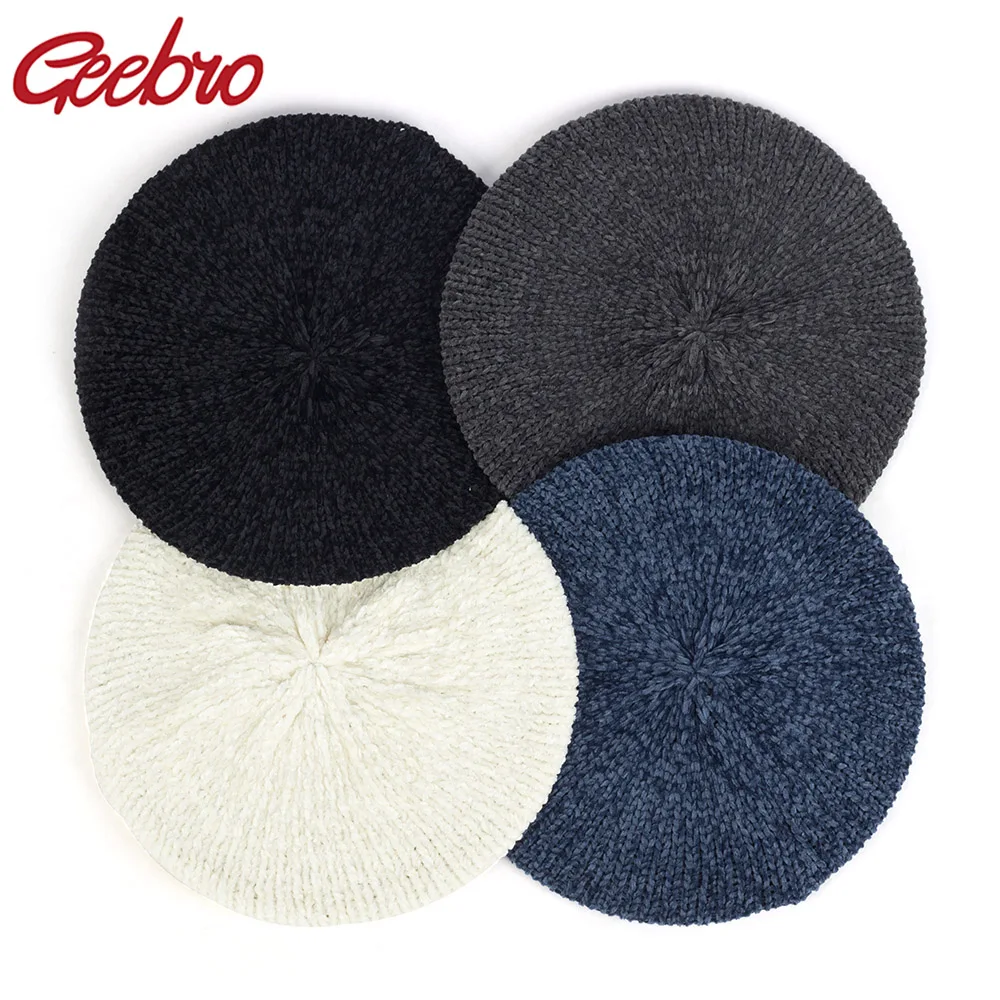 mens barrette hat Geebro Women Spring Autumn Knitted Soft Berets with Real Ball Pom Pom Ladies Solid Flat Cap Fashion Crochet French Painter Hat mens berets for sale