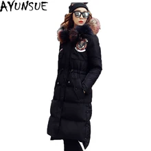 AYUNSUE зимний женский пуховик длинный тонкий толстый теплый пуховик парка с натуральным мехом енота с капюшоном белый утиный пух пальто ST042