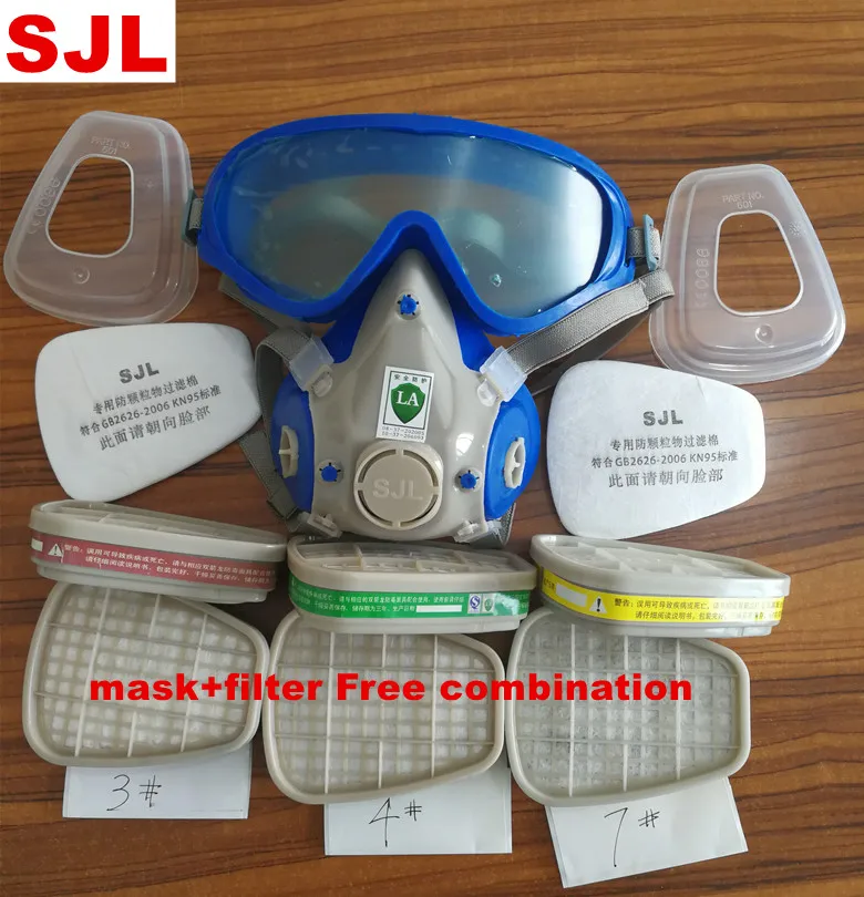 SJL силиконовая противогаз добавить 3# картриджи 7 шт. костюм с защитными очками полное лицо угольный фильтр Защитная маска