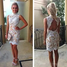 Spitze Cocktailkleider 2015 Hohe Kragen Weiß Spitze Champagne Kurze Party Backless Homecoming Kleider