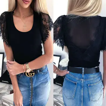 

Lace Blouse Shirts Women 2019 HOT SALE Korean Fashion Clothing BlackShort Sleeve Shirts Ladies Chiffon Summer Top